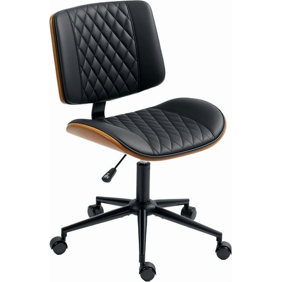 LYYHTY Home Office Chair No Arms with Wheels, PU Leather Mid Back Small Desk Chair with Adjustable Height, 360 Degree Swivel for Office, Reading, Meeting Room, Black