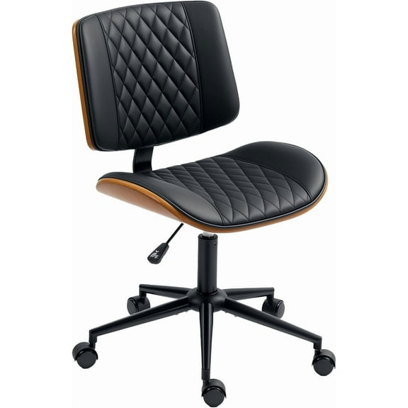 LYYHTY Home Office Chair No Arms with Wheels, PU Leather Mid Back Small Desk Chair with Adjustable Height, 360 Degree Swivel for Office, Reading, Meeting Room, Black