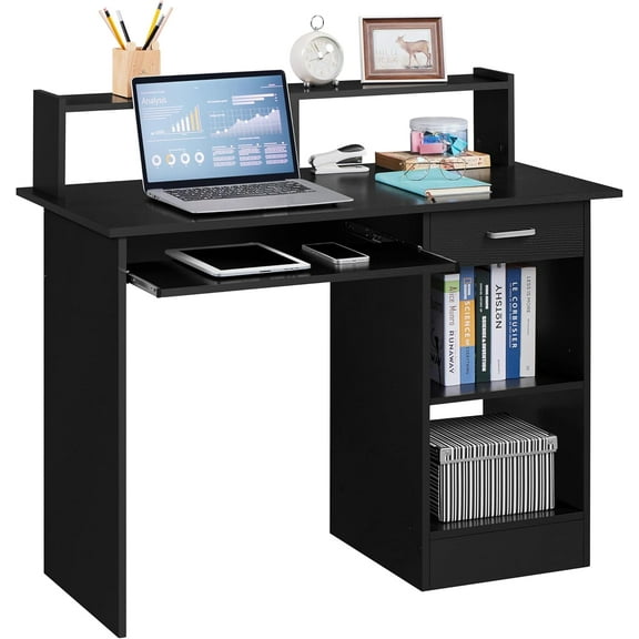 LYYHTY Home Office Wood Computer Desk with Drawers and Pull-Out Keyboard Tray, Study Writing Desk PC Laptop Table with Hutch and Storage Shelves, Modern Workstation, Black