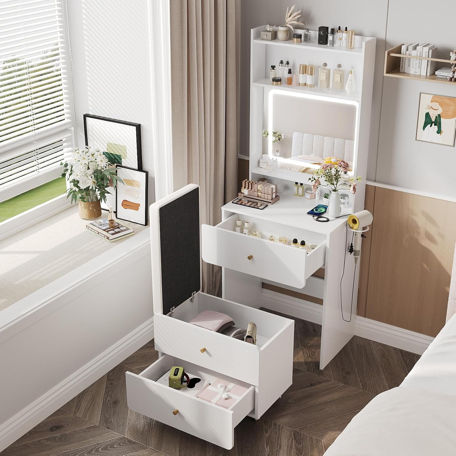 LYYHTY Makeup Vanity Desk with Mirror & LED Lights, Small White Vanity