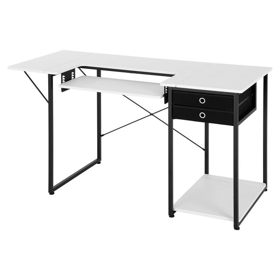 LYYHTY Multipurpose Sewing Table with Drawers, Foldable Sewing Machine Table, Adjustable Height Craft Desk, Expandable Side Shelf, White Workstation for Home & Studio