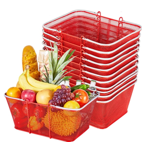 LYYHTY Set of 12 Stackable Metal Shopping Baskets with Handles, Heavy-Duty Grocery Baskets for Supermarket, Retail, Home, Red