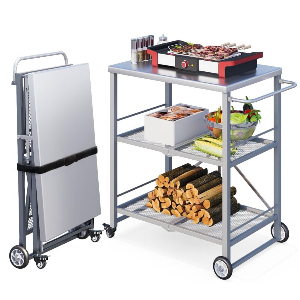 LYYHTY Stainless steel 3-layer folding barbecue preparation table with wheels, outdoor BBQ storage table, courtyard camping portable grill side table, outdoor Grill TableGray