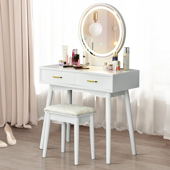 LYYHTY Vanity Dressing Table Set with Touch Screen LED Mirror, 3 Lighting Modes, Storage Drawers & Padded Stool for Bedroom or Makeup Room