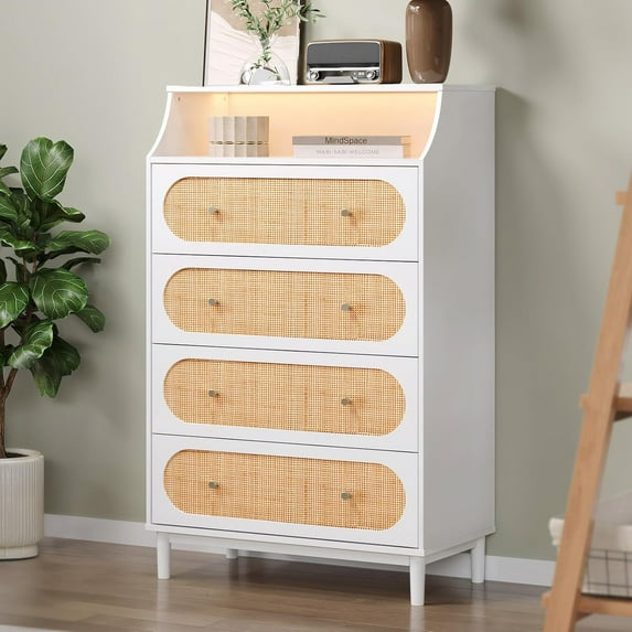 LYYHTY White Rattan Dresser, Tall Dresser, Rattan Chest of Drawers for Bedroom with LED Lights, Vertical 4 Drawer Dressers for Bedroom, Boho