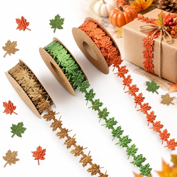 LYida 3Pack Fall Maple Leaf Craft Ribbons, Total 15 Yards Autumn Decorative Ribbon Trim, Thanksgiving Ribbon for Gift Wrapping & Fall Party Decor