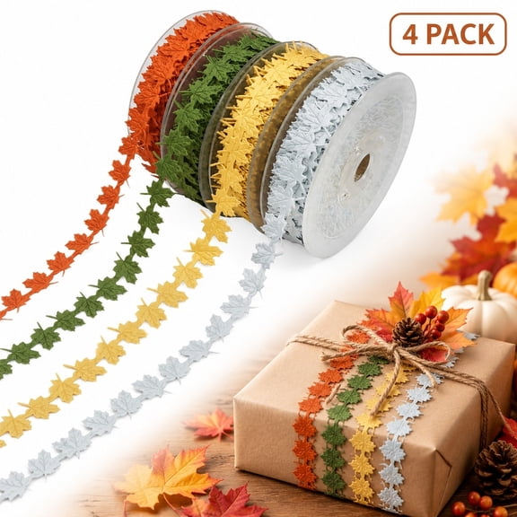 LYida 4Pack Fall Maple Leaf Craft Ribbons, Total 20 Yards Autumn Decorative Ribbon Trim, Thanksgiving Ribbon for Gift Wrapping & Fall Party Decor