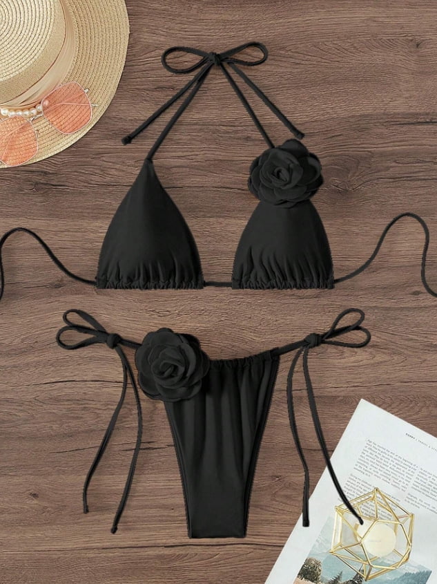 Square Neck 3D Flower Bottom Bikini Set