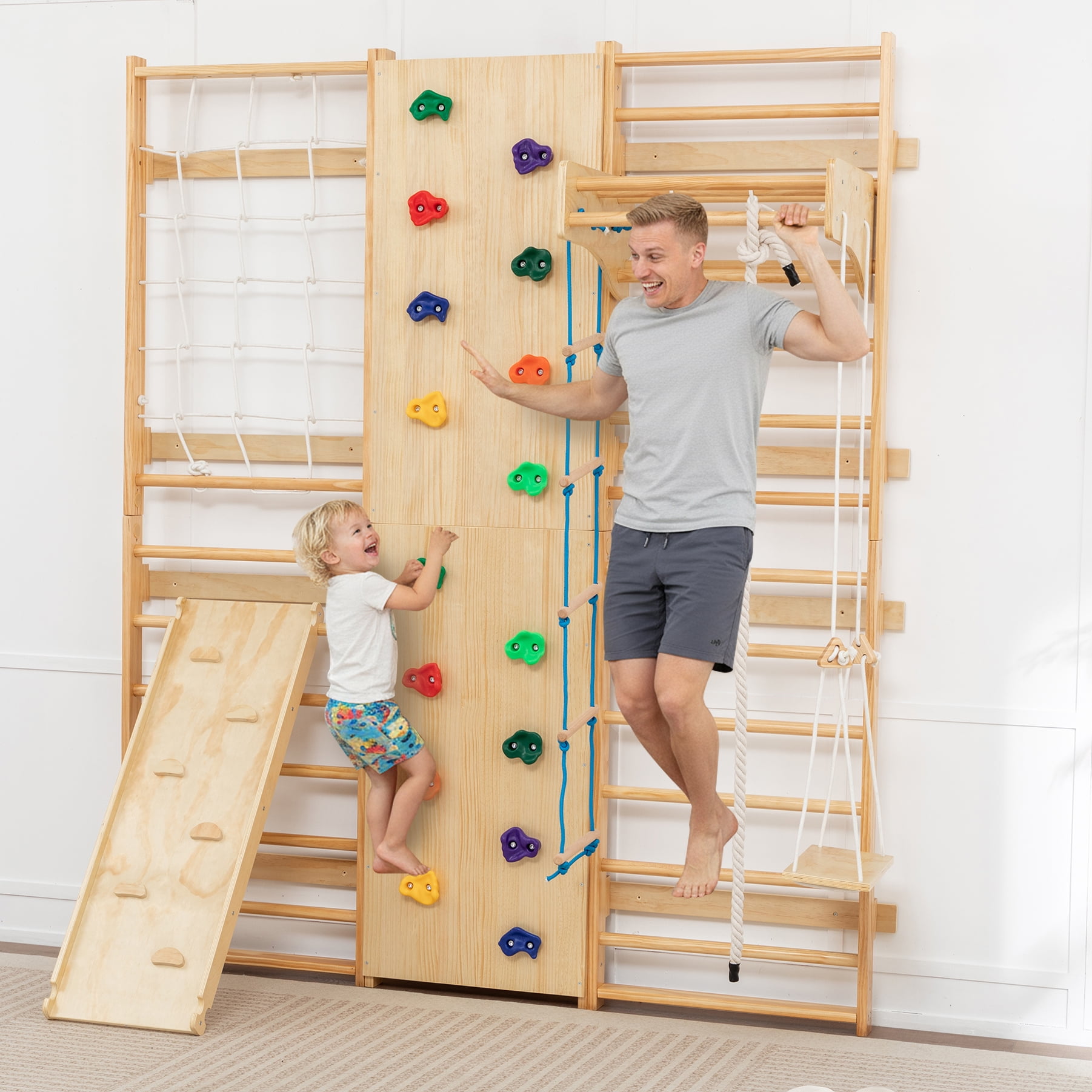 LZBEITEM 10-in-1 Indoor Play Gym Swedish Ladder Gym Set 94.5 Inches Toddler  Jungle Gym Home Playground Wooden Climbing Playset with Swing, Rope ..., image size:1802x1802