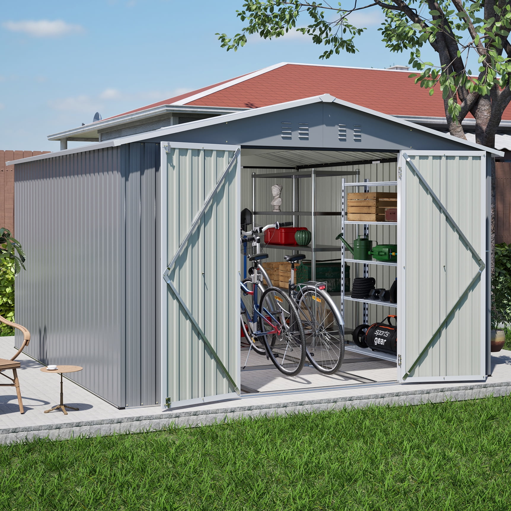 LZBEITEM 8x6 ft. Outdoor Galvanized Steel Shed with Double Lockable Doors, White
