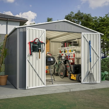 LZBEITEM 10 x 10 ft Outdoor Storage Shed, Metal Garden Tool Shed with Lockable Door, Outside Sheds & Storage Galvanized Steel, Gray