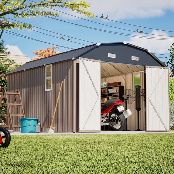 LZBEITEM 10' x 12' Metal Outdoor Storage Shed with Floor Frame Kit, Tool Shed Heavy Duty with Window and Lockable Door for Garden Backyard, 10.24 psf, Brown