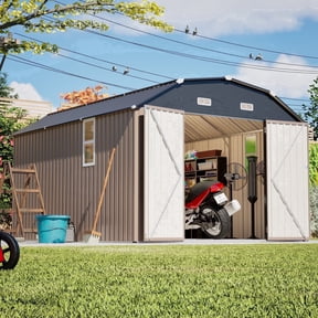 LZBEITEM 10' x 12' Metal Outdoor Storage Shed with Floor Frame Kit, Tool Shed Heavy Duty with Window and Lockable Door for Garden Backyard, 10.24 psf, Brown