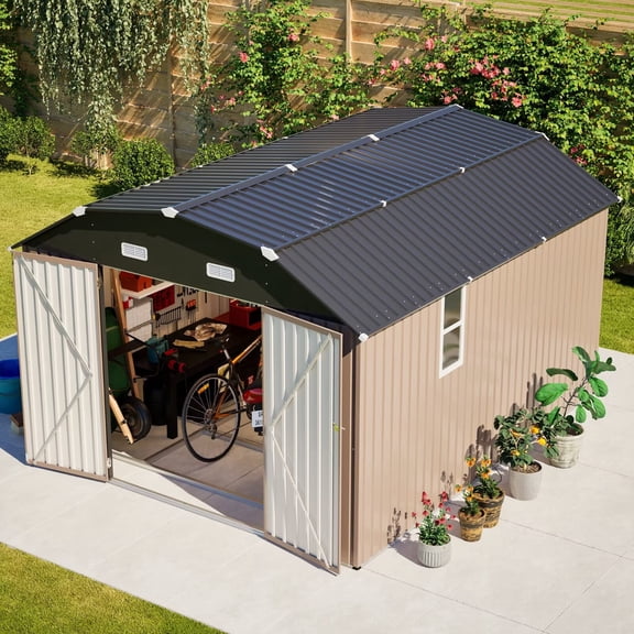 LZBEITEM 10' x 12' Metal Outdoor Storage Shed with Floor Frame Kit, Tool Shed Heavy Duty with Window and Lockable Door for Garden Backyard, 10.24 Psf