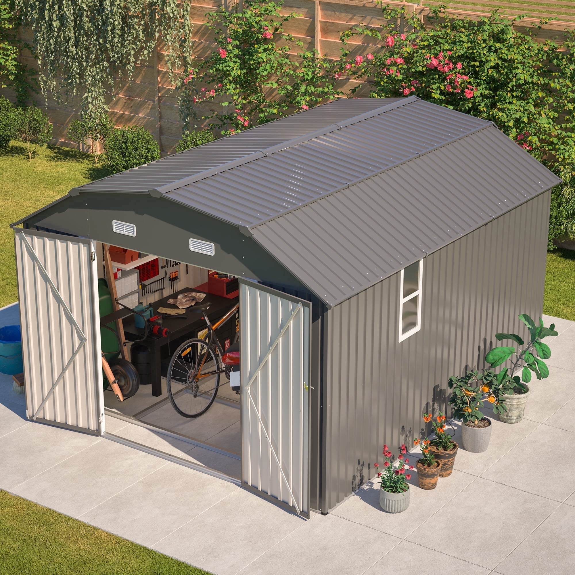 LZBEITEM 10' x 12' Metal Outdoor Storage Shed with Floor Frame Kit, Tool Shed Heavy Duty with Window and Lockable Door for Garden Backyard, 10.24 Psf