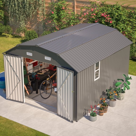 LZBEITEM 10' x 12' Metal Outdoor Storage Shed with Floor Frame Kit, Tool Shed Heavy Duty with Window and Lockable Door for Garden Backyard, 10.24 Psf, Gray
