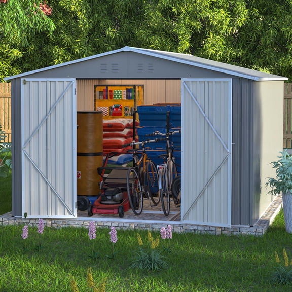 LZBEITEM 10 x 12 ft. Outdoor Storage Shed with Floor Frame Kit, Galvanized Steel Garden Shed, Metal Tool Sheds with Double Lockable Doors for Backyard Patio Lawn, Gray