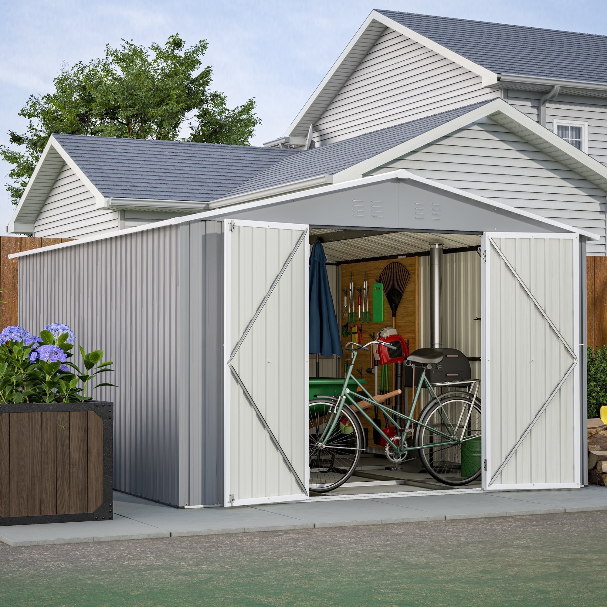 LZBEITEM 10 x 12 ft. Outdoor Storage Shed with Floor Frame Kit, Galvanized Steel Garden Shed, Metal ShedsGarden Tool Shed with Double Lockable Doors for Backyard Patio Lawn, Gray