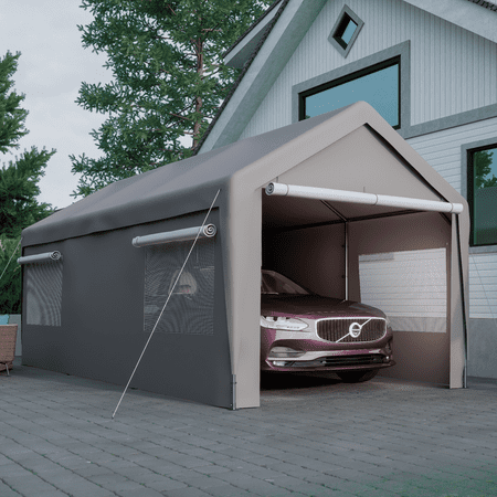 LZBEITEM 10 x 20 ft. Heavy Duty Steel Outdoor Carport Storage Boat Shed Canopy Garage Car Shelter Portable Party Tent Adjustable Height with Window Sidewalls and Doors, Gray