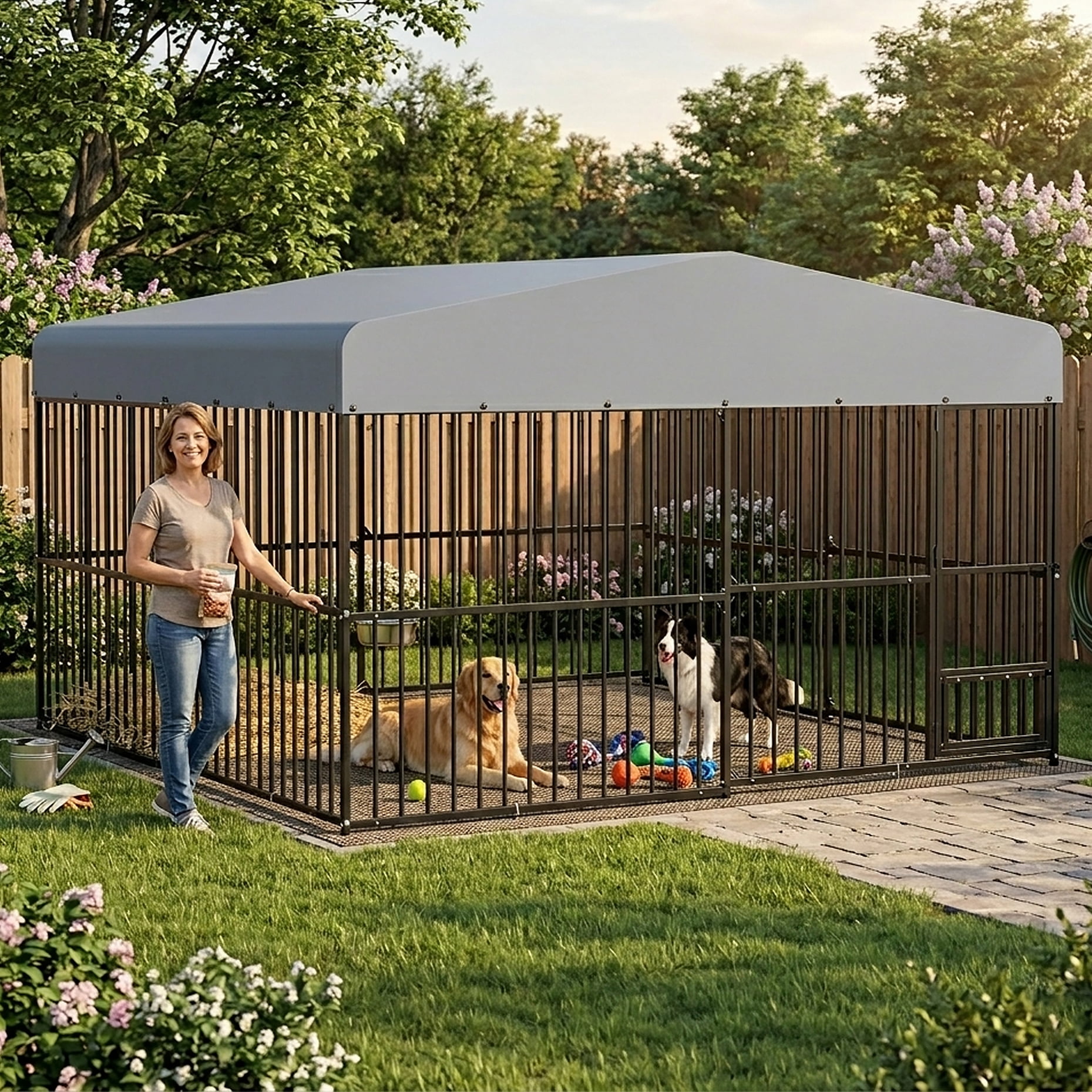 LZBEITEM 10x10ft Heavy Duty Outdoor Dog Kennel, Large Metal Dog Run Playpen with Waterproof UV-Resistant Cover & 360° Rotating Bowl Holder, Black