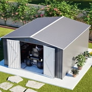 LZBEITEM 11 x 13 Large Metal Storage Shed with Floor Frame, Heavy Duty Outdoor Garden Tool House with 4 Air Vents & Lockable Doors, All-Weather Galvanized Steel Utility Shed for Lawn Mower, Gray