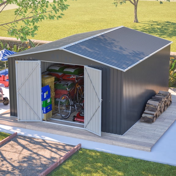 LZBEITEM 11 x 13 ft Outdoor Storage Metal Shed with Floor Frame Kit, Galvanized Steel Garden Shed, Building Tool Sheds with Lockable for Backyard Patio, Gray, 133.68x161.4x80.76 in,140.5 Sq ft