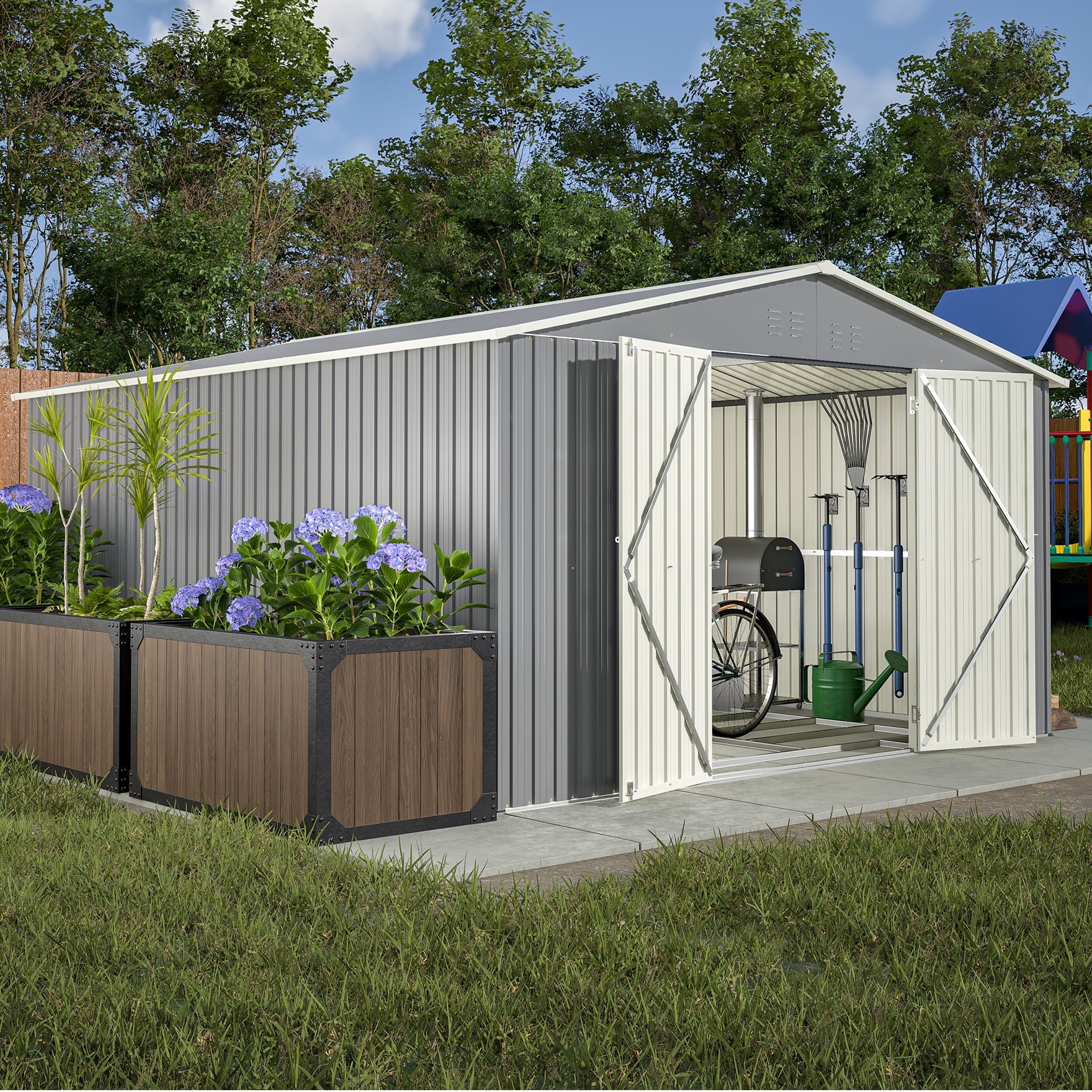 LZBEITEM 11 x 13 ft Outdoor Storage Metal Shed with Floor Frame Kit, Galvanized Steel Garden Shed, Building Tool Sheds with Lockable for Backyard Patio, Gray, 133.68x161.4x80.76 in140.5 Sq ft