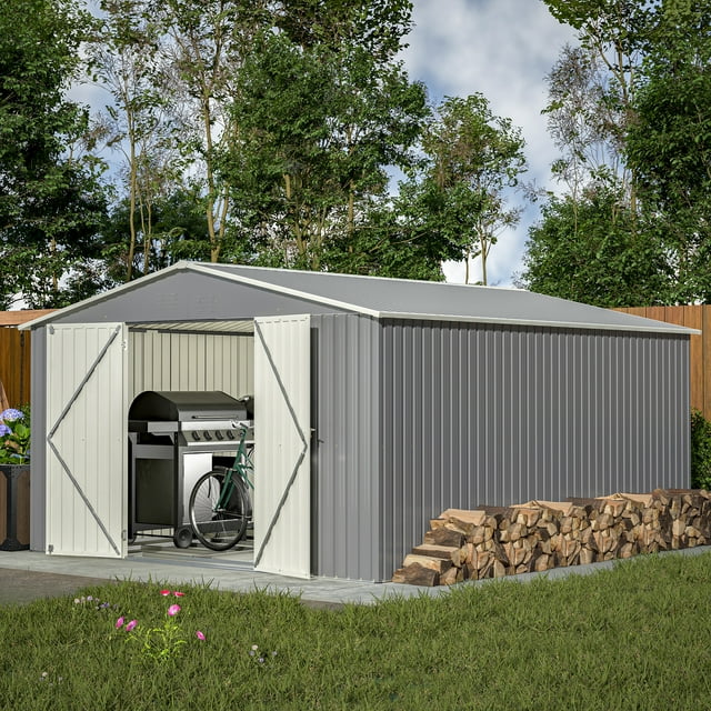 LZBEITEM 11 x 13 ft. Galvanized Steel Outdoor Storage Shed with Double Lockable Sliding Doors