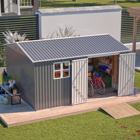 LZBEITEM 12'x10' Outdoor Storage Shed with Floor Frame & Window, Metal Garden Shed Kit, Backyard Shed, Lockable Doors for Backyard Patio Lawn, Gray