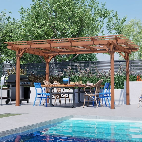 LZBEITEM 12'x10' Outdoor Wood Pergola Gazebo w/ Flat Roof and Ground Stakes for Patio Deck Garden