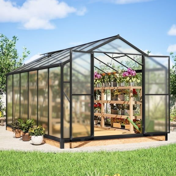 LZBEITEM 12'x8' Outdoor Greenhouse, Walk-in Polycarbonate Green House with Aluminum Frame for Backyard, Black