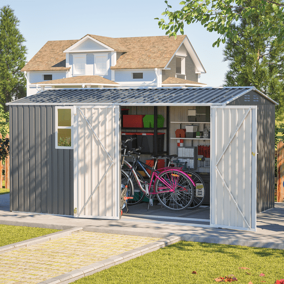 LZBEITEM 12'x8' Outdoor Storage Shed with Floor Frame & Window, Metal Garden Shed Kit, Backyard Shed, Lockable Doors for Backyard Patio Lawn, Gray