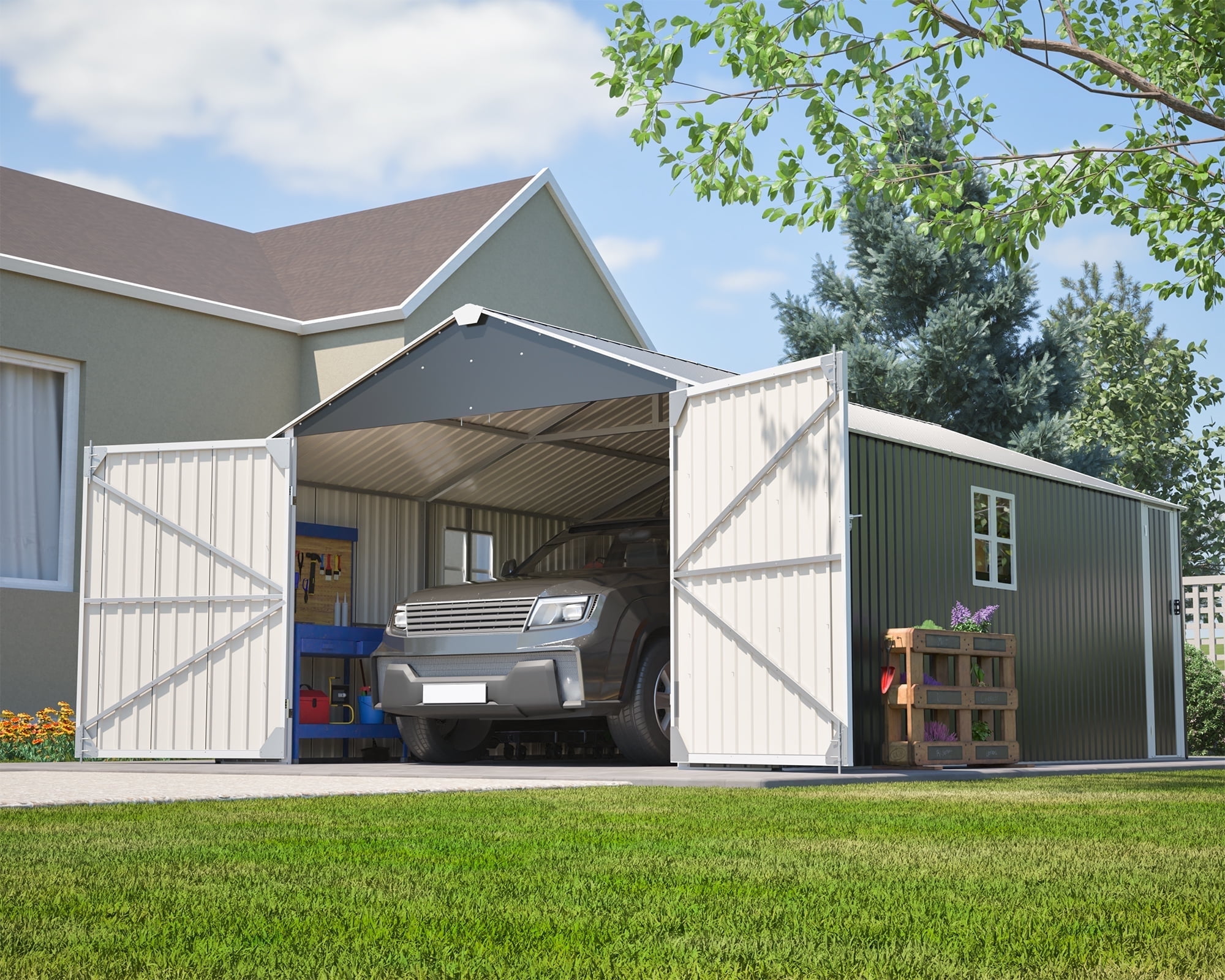 LZBEITEM 20x12 FT Outdoor Metal Garage Shed Extra Large Storage Shed 1810 CUFT Triple Door Storage Building Ultra-Reinforced Truss System with Windowsfor Car, Boat, Truck, Equipment Storage