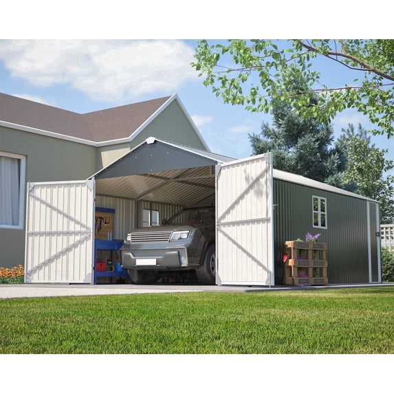 LZBEITEM 20x12 FT Outdoor Metal Garage Shed Extra Large Storage Shed 1810 CUFT Triple Door Storage Building Ultra-Reinforced Truss System with Windowsfor Car, Boat, Truck, Equipment Storage