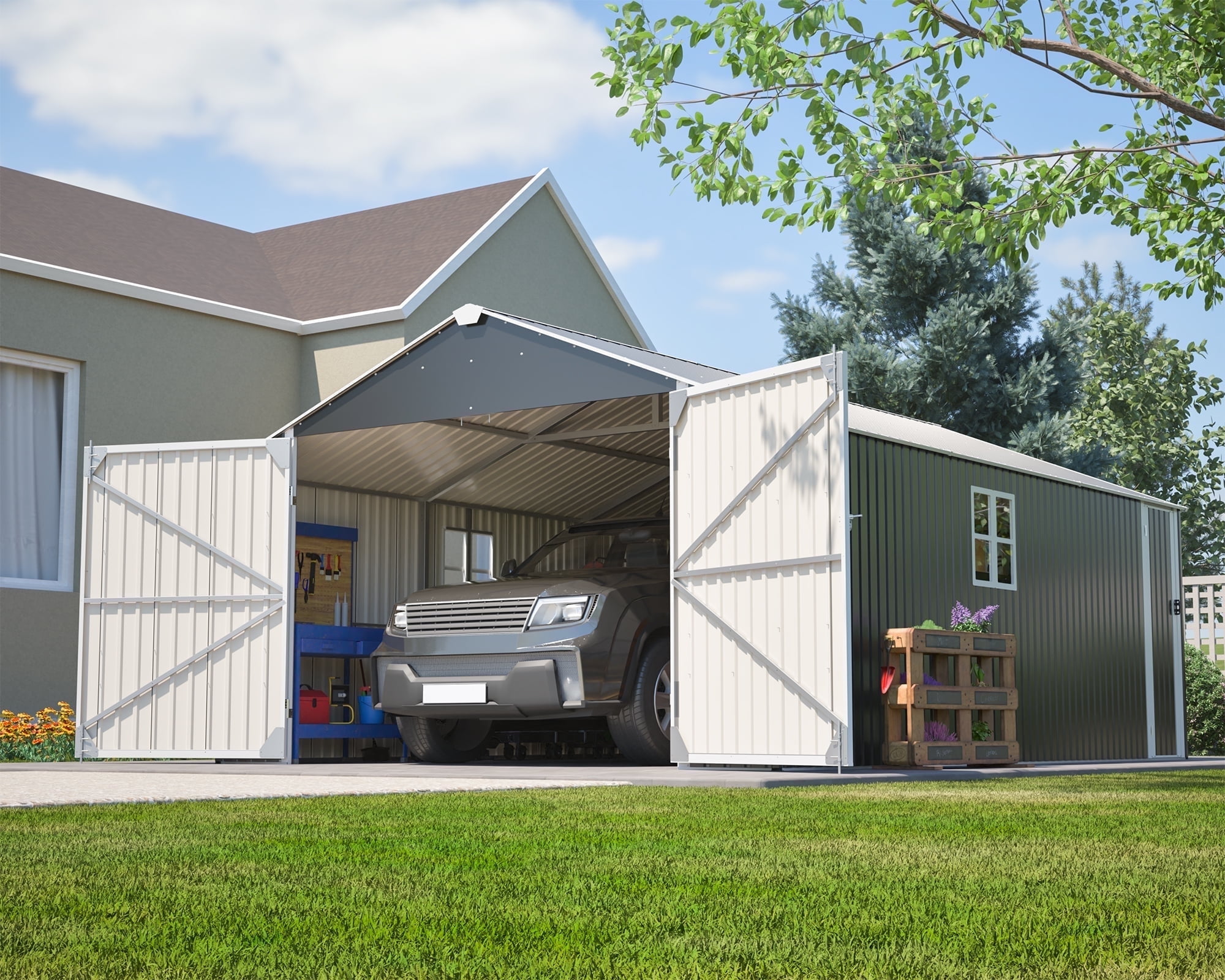 LZBEITEM 20x12 FT Outdoor Metal Garage Shed Extra Large Storage Shed 1810 CUFT Triple Door Storage Building Ultra-Reinforced Truss System with Windowsfor Car, Boat, Truck, Equipment Storage