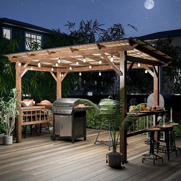 LZBEITEM 13'x6.5' Hardtop Grill Gazebo, Outdoor BBQ Gazebo Canopy Tent with 2 Side Shelves, LED Light & Galvanized Steel Roof for Lawn, Garden, Deck