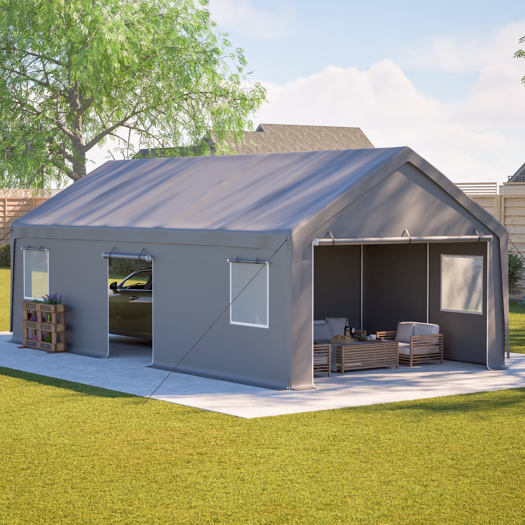 LZBEITEM 13x26 ft Heavy-Duty Modular Carport with 5-Zone Divider, Galvanized Steel Frame Portable Outdoor Garage PE Waterproof Cover, Roll-up Sidewall，Ventilated Windows, UV Snow Wind Proof