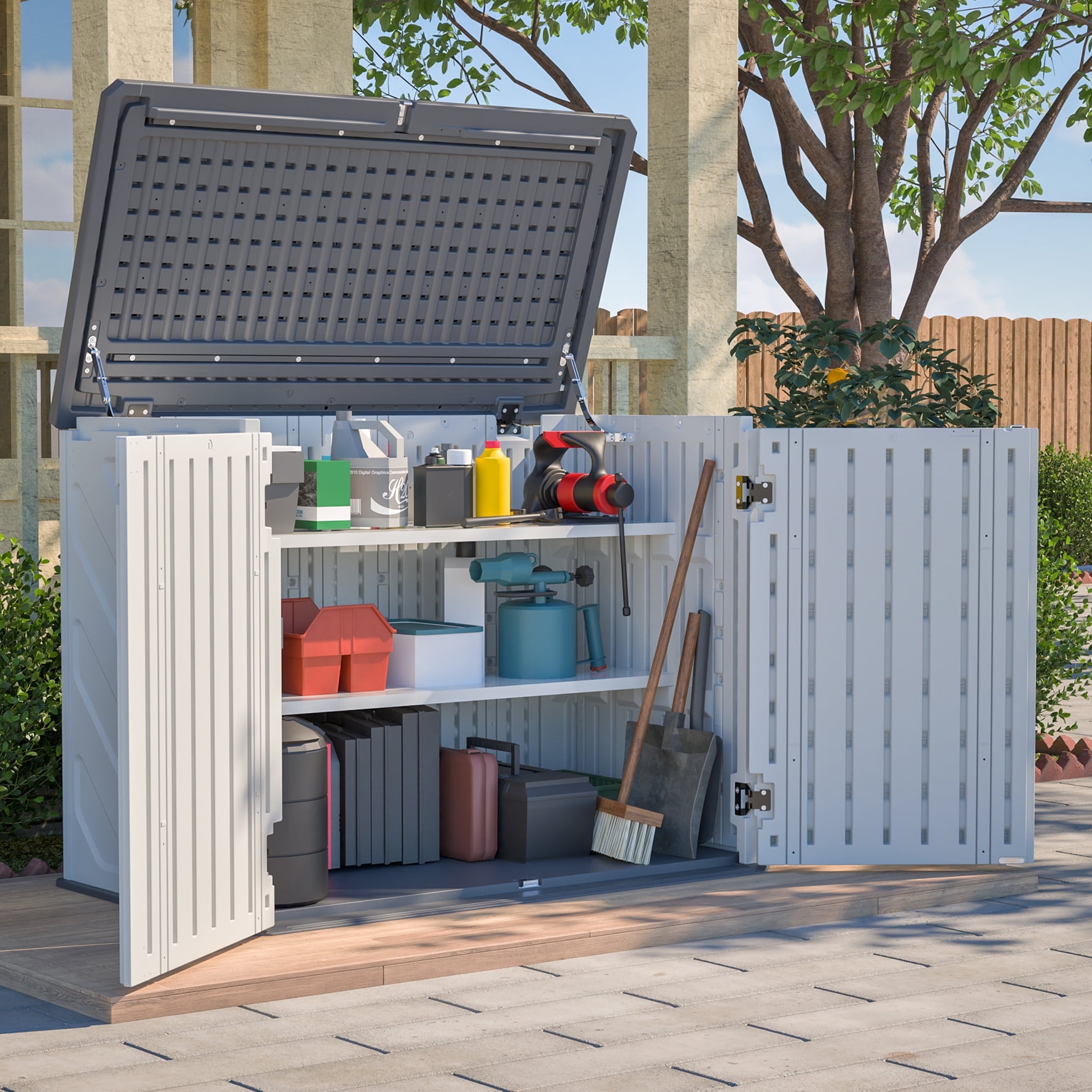 LZBEITEM 25 Cu.ft Upgraded Outdoor Horizontal Storage Shed with 2 Adjustable Shelves, Weather-Resistant Resin Tool Sheds, Multi-Opening Door, Waterproof & Lockable