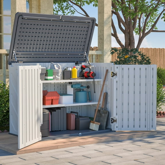 LZBEITEM 25 Cu.ft Upgraded Outdoor Horizontal Storage Shed with 2 Adjustable Shelves, Weather-Resistant Resin Tool Sheds, Multi-Opening Door, Waterproof & Lockable