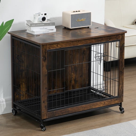 LZBEITEM 38 Inch Dog Crate Furniture for Large Medium Dogs, Wooden Heavy Duty Dog Kennel with Double Doors, Decorative Pet House Dog Cage Side End Table Indoor, Brown