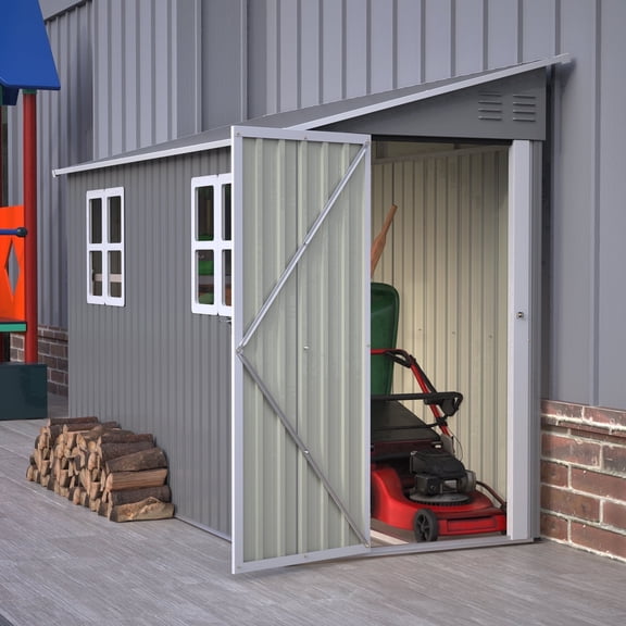 LZBEITEM 4 x 10 ft Outdoor Metal Storage Lean to Shed with Two Windows, Galvanized Floor Frame Kit, Lockable for Garden, Backyard 33 sq ft