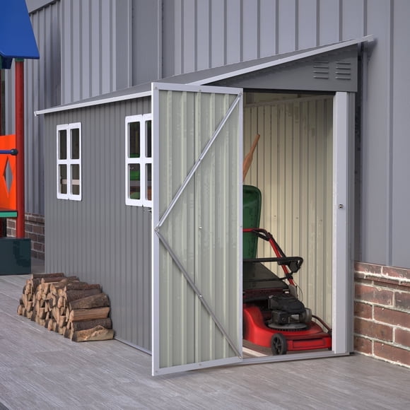 LZBEITEM 4 x 10 ft Outdoor Metal Storage Lean to Shed with Two Windows, Galvanized Floor Frame Kit, Lockable for Garden, Backyard 33 sq ft