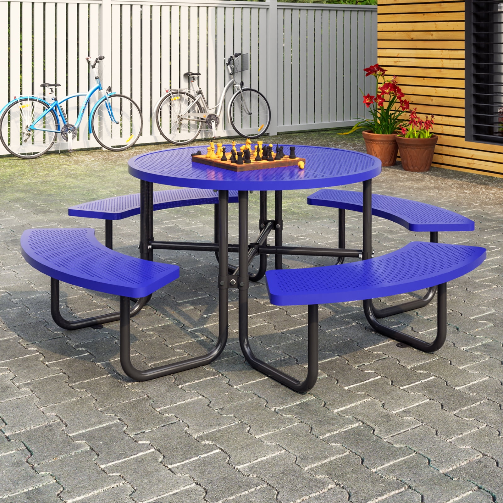 LZBEITEM 46 Steel Round Picnic Table Expanded Industrial Metal Outdoor Table Large Camping Picnic Tables Blue
