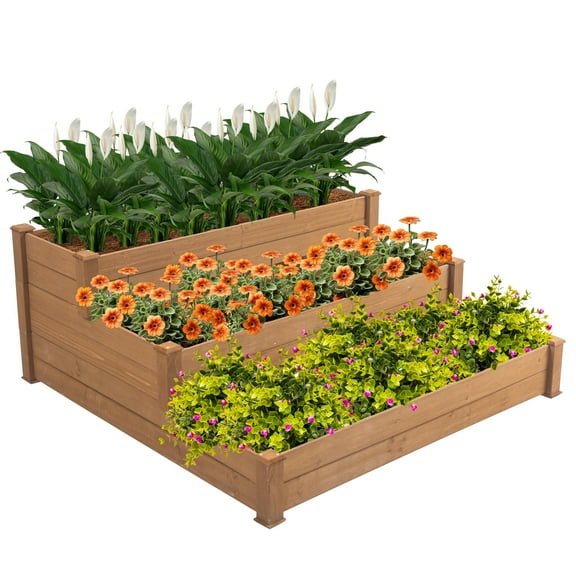 LZBEITEM 48.6 x 48.6 x 21in 3-Tier Fir Wood Raised Garden Bed Planter for Outdoor Gardening and Planting, Ideal for Vegetables and Plants, Acorn Brown
