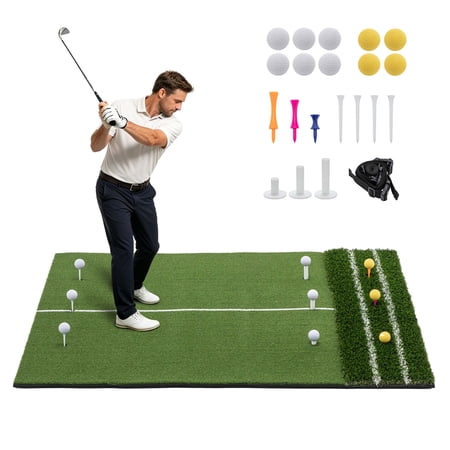 LZBEITEM 5x4ft Dual-Turf Golf Hitting Mat with Alignment Guide Line, Shock-Absorbing Golf Practice Mat with 9 Ball Tees Positions for Indoor and Outdoor Golf Training Aid