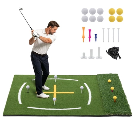 LZBEITEM 5x4ft Dual Turf Golf Hitting Mat with Swing Alignment Lines, Portable Golf Practice Mat for Indoor Outdoor Training, Includes 10 Balls & 10 Tees