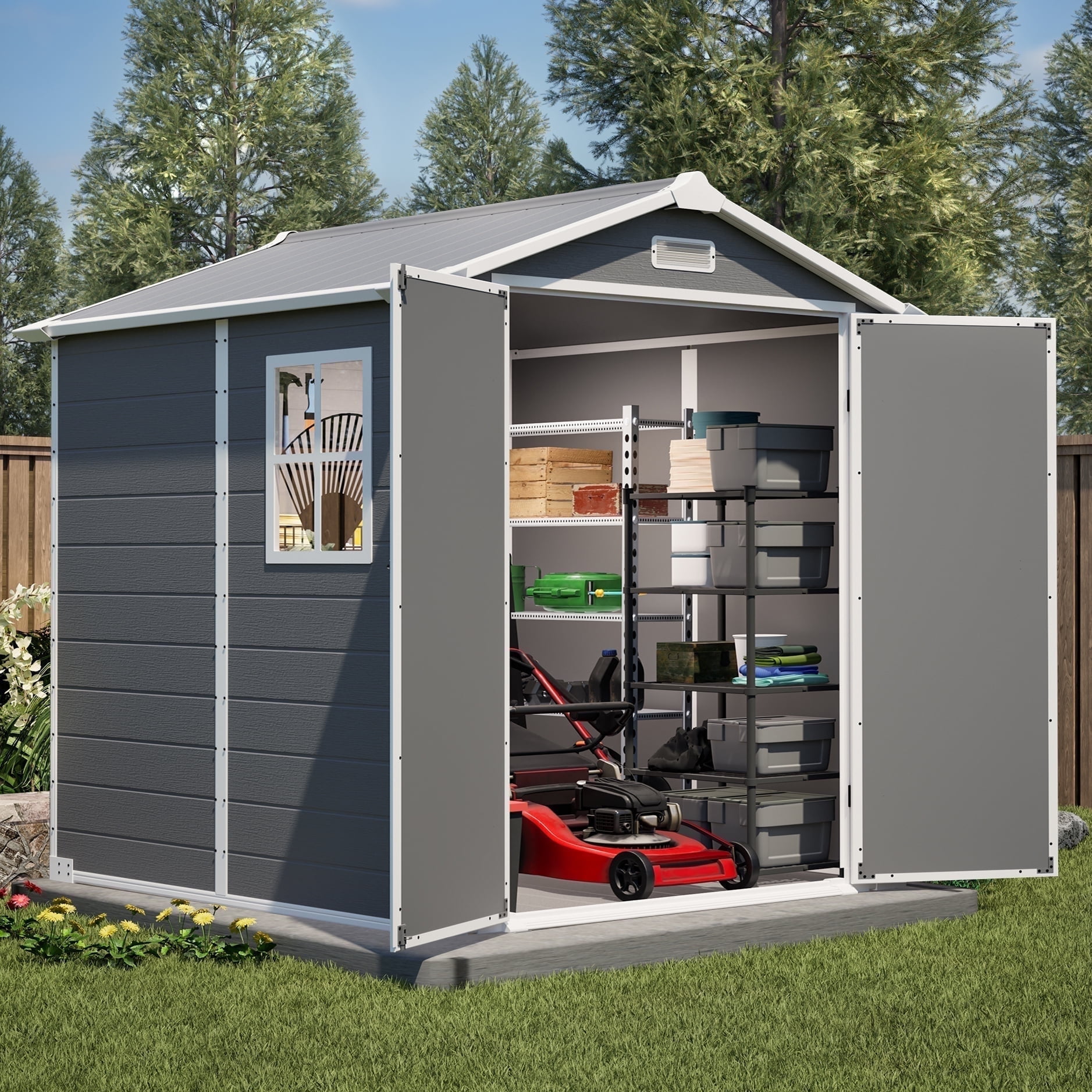 LZBEITEM 6' x 6' Plastic Outdoor Storage Shed with Floor, Resin Tool Shed Heavy Duty with Window and Lockable Door, Colorfast, for Garden Backyard 32 sq.ft