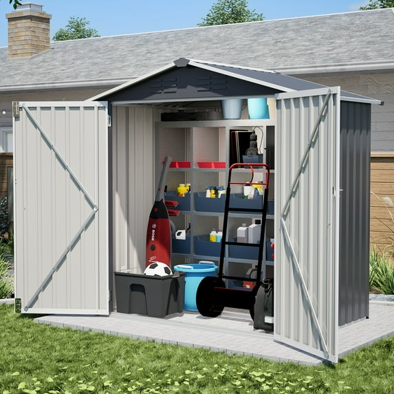 LZBEITEM 6'x4' Outdoor Metal Garden Storage Shed with Floor Frame Kit & Lockable Door for Backyard, Garden, Black