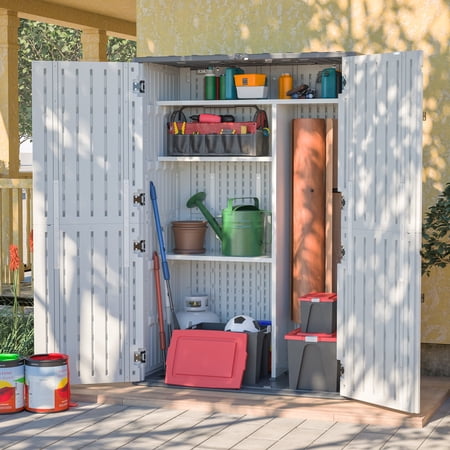 LZBEITEM 61 Cu.ft Upgraded Outdoor Horizontal Storage Shed with 4 Adjustable Shelves, Weather-Resistant Resin Tool Sheds, Multi-Opening Door, Waterproof & Lockable