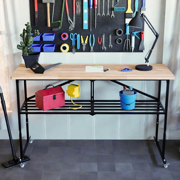 LZBEITEM 68Large Rolling Workbench, Rubber Wood Folding Workstation , Hardwood Worktable Adjustable Height, 2000 lbs Capacity for Workshop, Garage, Office, Home, Commercial